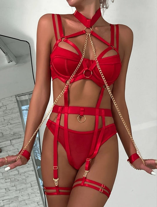 ❤️ Red Hot Lace Lingerie Set – With Belt & Chain/Ring Details ❤️