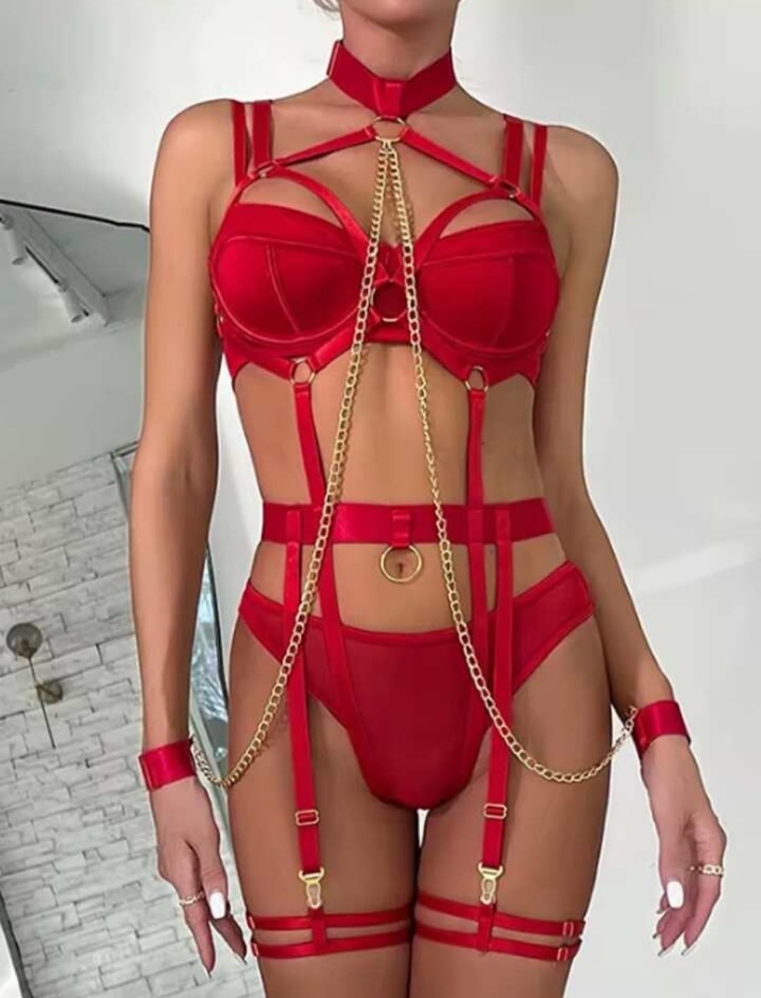 ❤️ Red Hot Lace Lingerie Set – With Belt & Chain/Ring Details ❤️